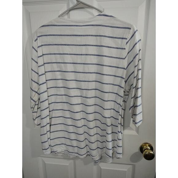 Sunday Woman 1X Blouse Pullover V Lace Neckline Blue White Striped Linen Blend - Picture 11 of 11